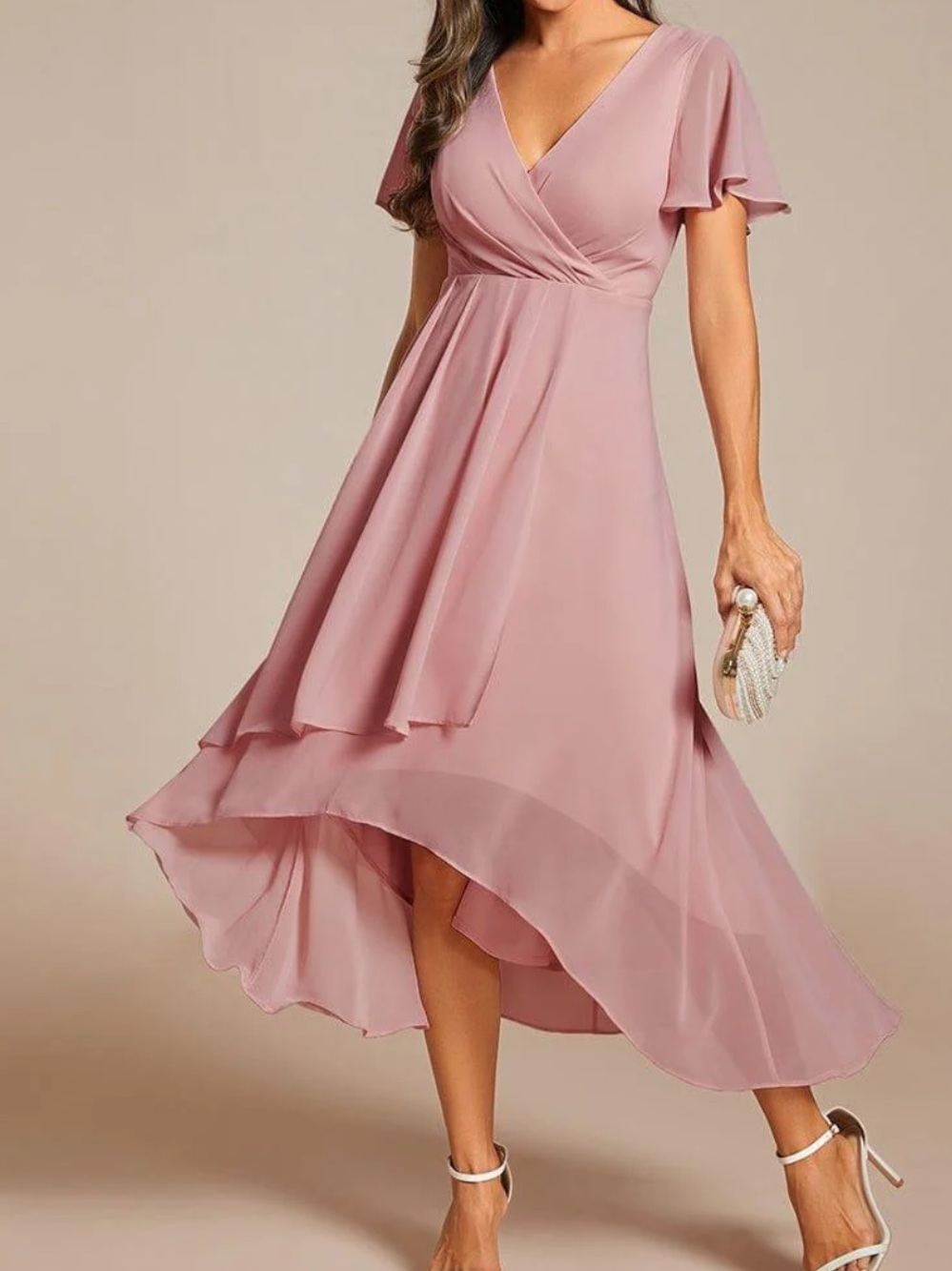 Ever Pretty Lark Pleated Chiffon Ruffle Sleeve Dusty Rose Midi Dress
